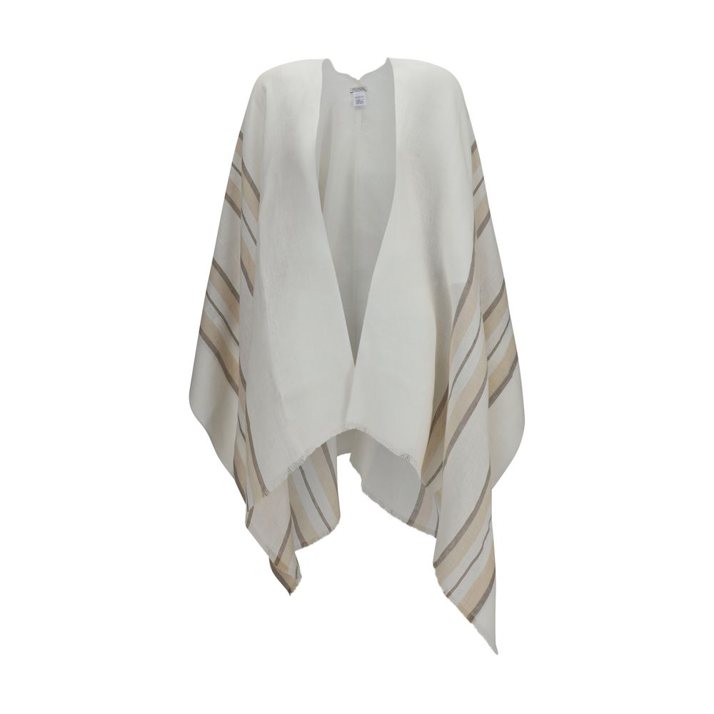 Poncho by Brunello Cucinelli for women in polyester linen cashmere & capra leather beige & striped features an tactile silhouette, showcasing a sophisticated and premium for a truly tactile look.