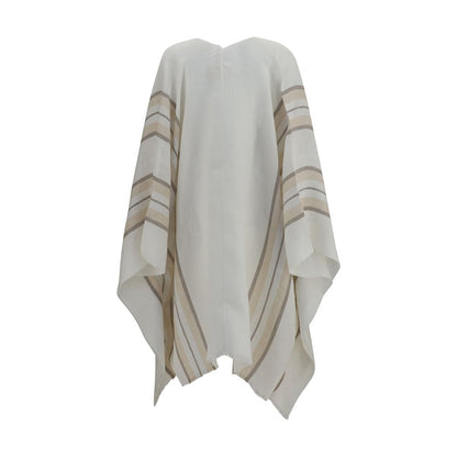 Poncho by Brunello Cucinelli for women in polyester linen cashmere & capra leather beige & striped features a enveloping silhouette with and a enveloping .