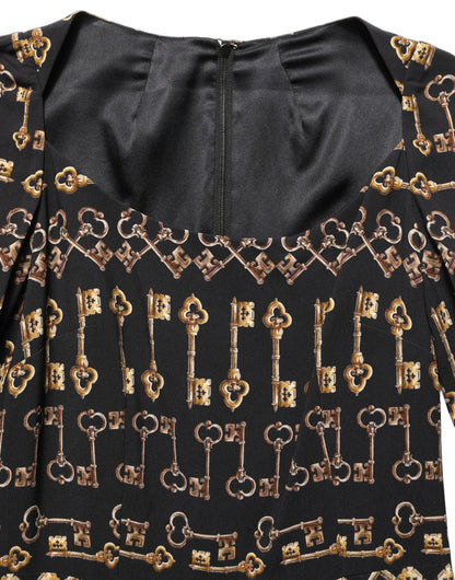 Dolce & Gabbana Black Key Print Long Sleeves Sheath Midi Dress