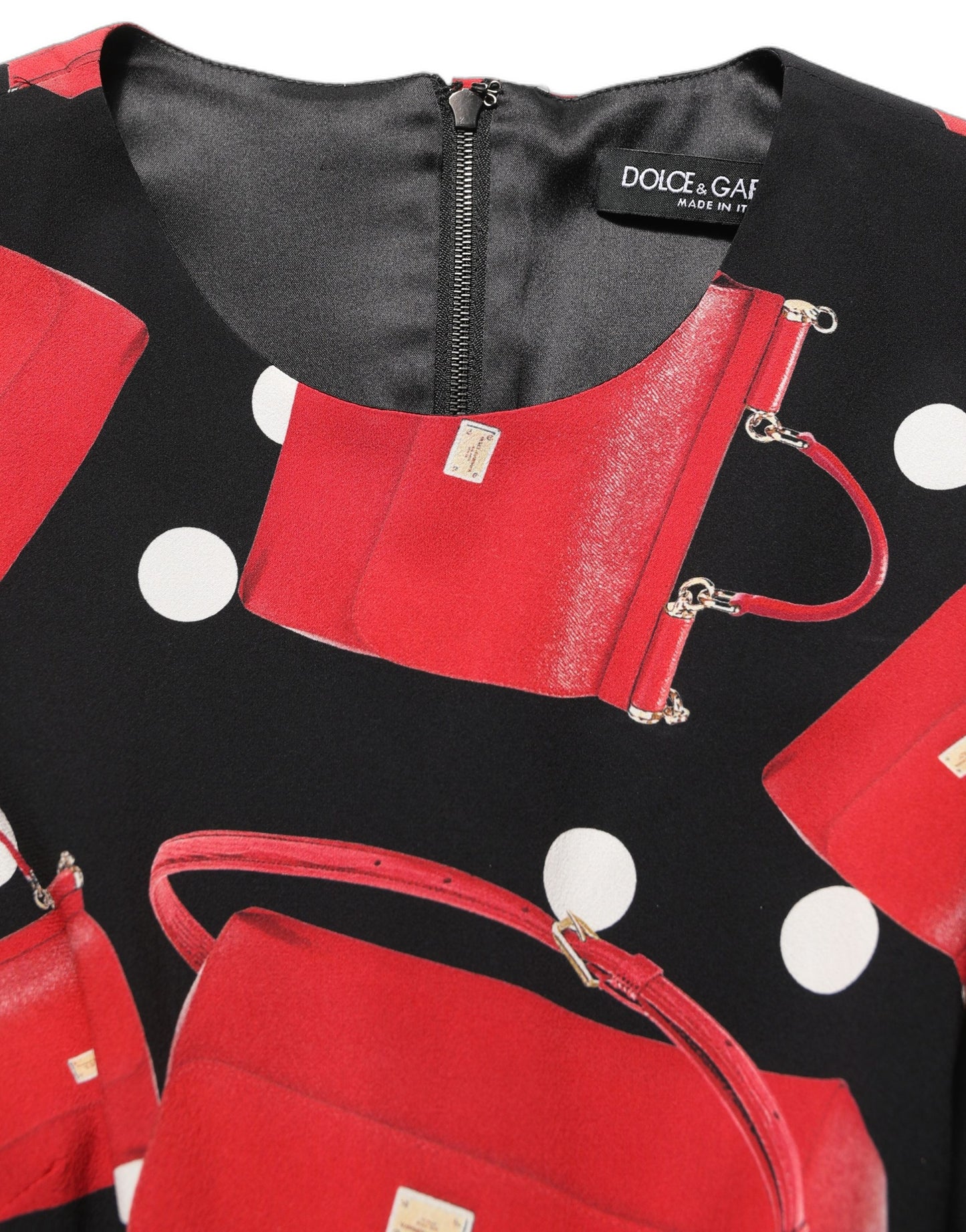 Dolce & Gabbana Black Handbag Print Long Sleeve Midi Dress