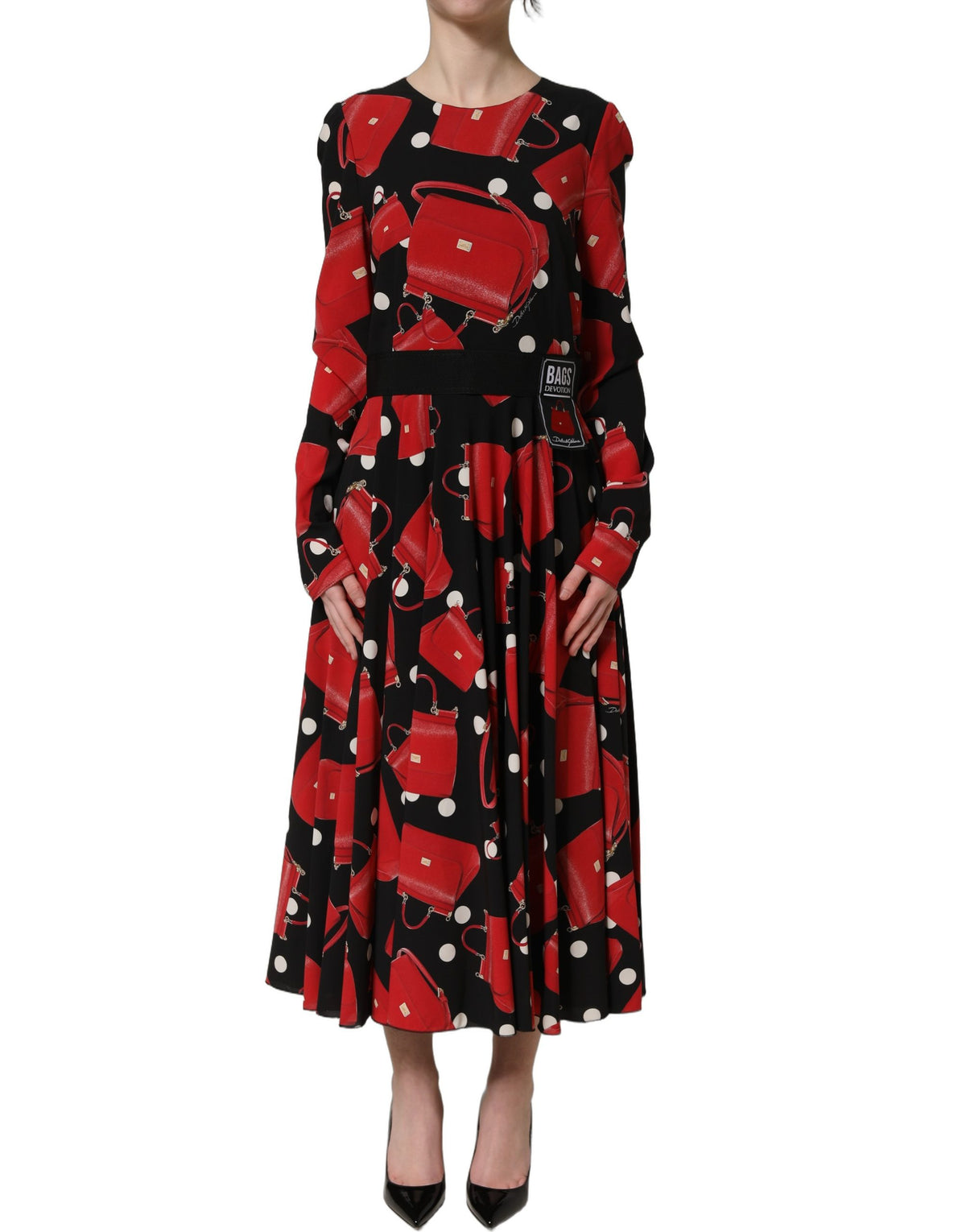 Dolce & Gabbana Women's Wrap Cocktail Long-Sleeve Crepe Silk Nylon & Elastane Midi Dress - Black Red White Print