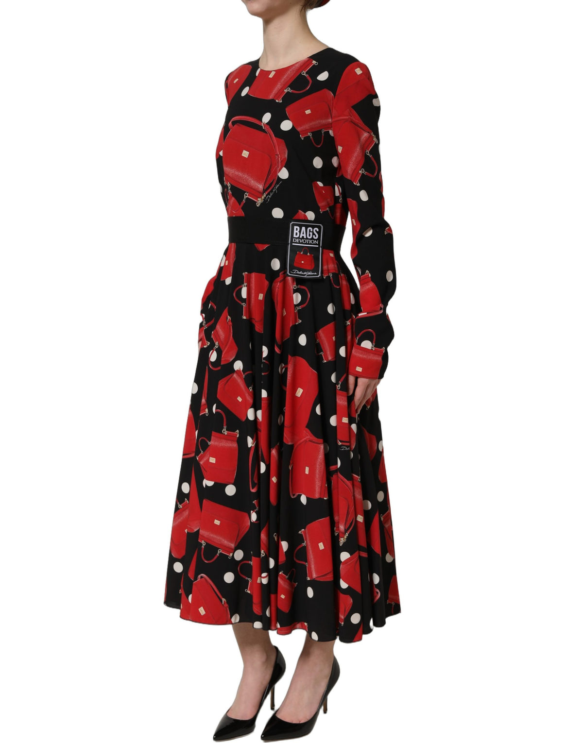Dolce & Gabbana Women's Wrap Cocktail Long-Sleeve Crepe Silk Nylon & Elastane Midi Dress - Black Red White Print