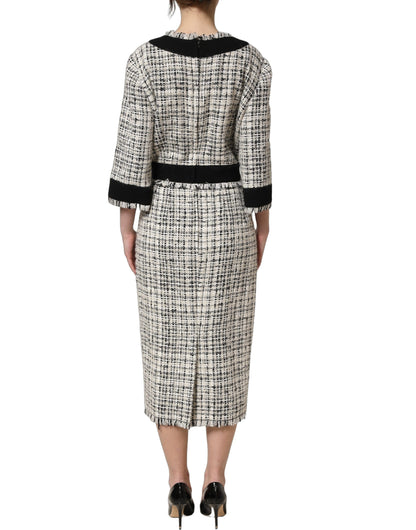 Dolce & Gabbana Multicolor Bouclé Tweed Frayed Trim Midi Dress