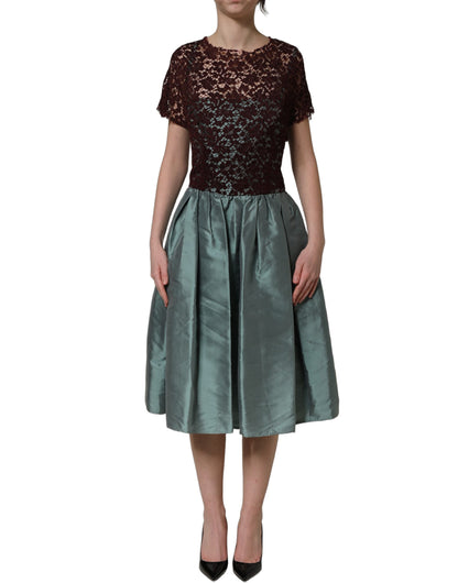 Dolce & Gabbana Multicolor Floral Lace Taffeta Pleated Midi Dress