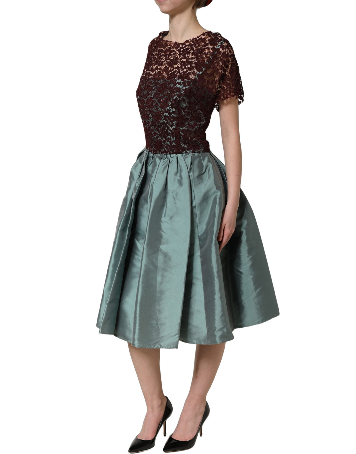 Dolce & Gabbana Women's Wrap Cocktail Short-Sleeve Cotton Silk Lace & Nylon Midi Mini Dress - Burgundy Multicolor Floral