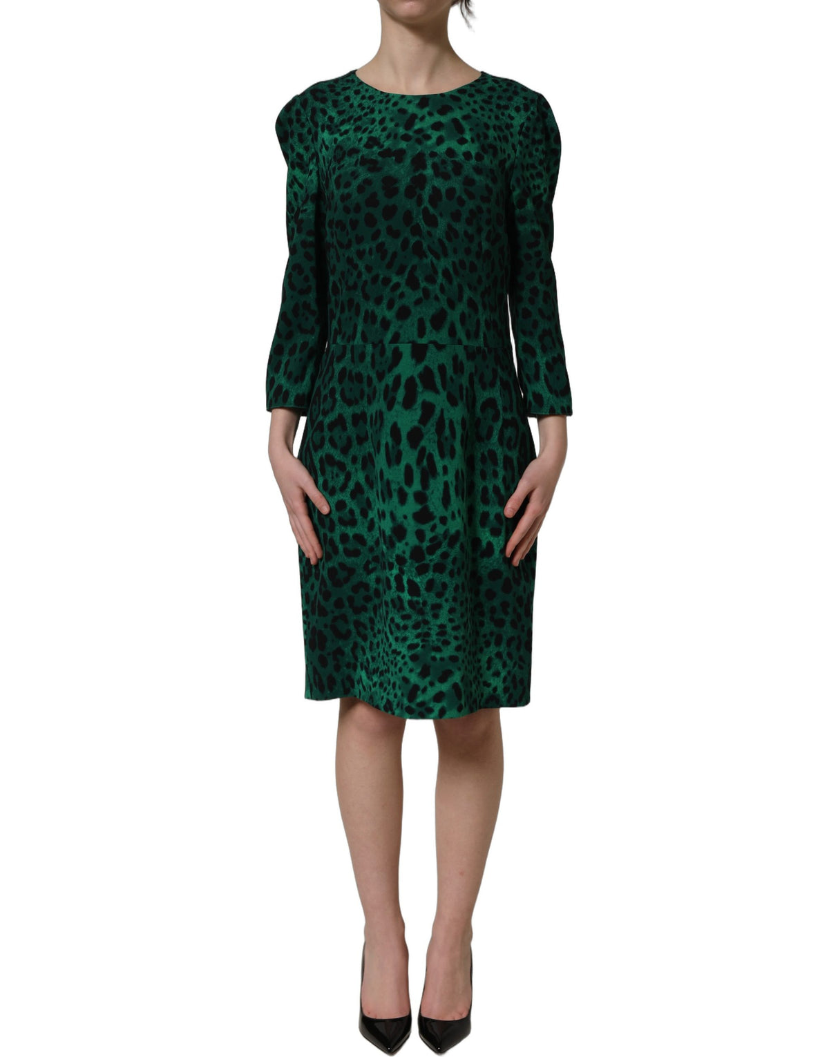Dolce & Gabbana Women's Sheath Wrap Cocktail Long-Sleeve Silk Midi Knee Mini Dress - Black Green Leopard Print Print
