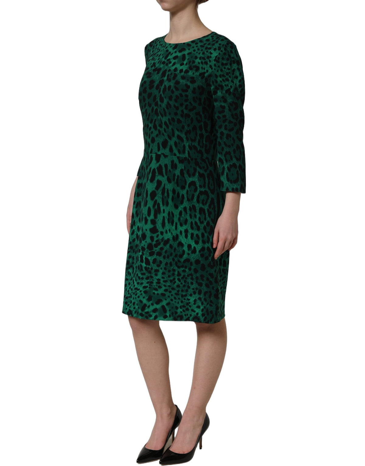 Dolce & Gabbana Women's Sheath Wrap Cocktail Long-Sleeve Silk Midi Knee Mini Dress - Black Green Leopard Print Print