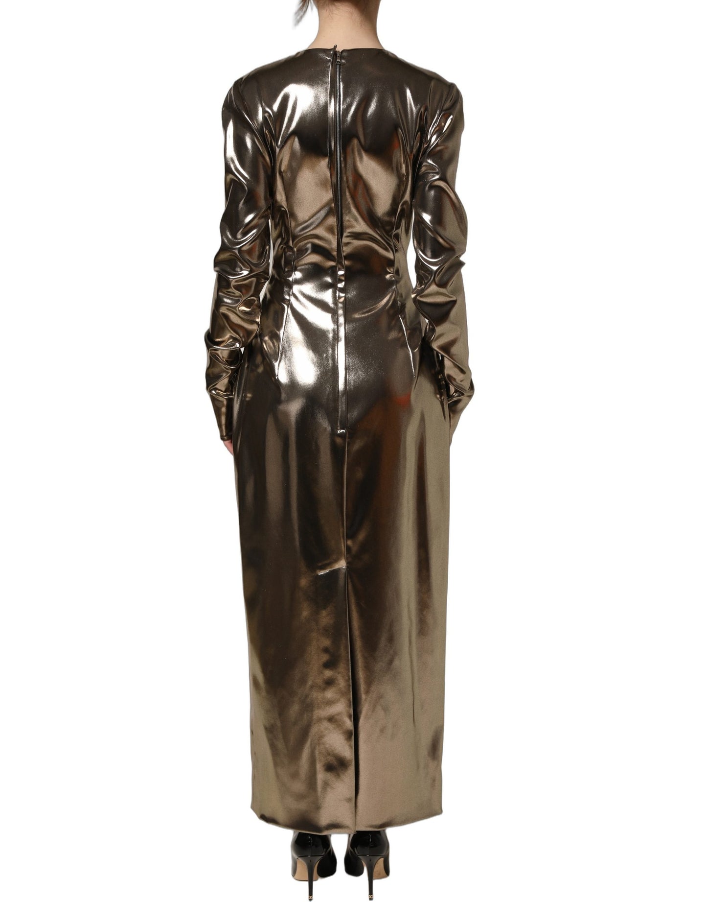 Dolce & Gabbana Metallic Gold Polyester LongSleeve Maxi Dress