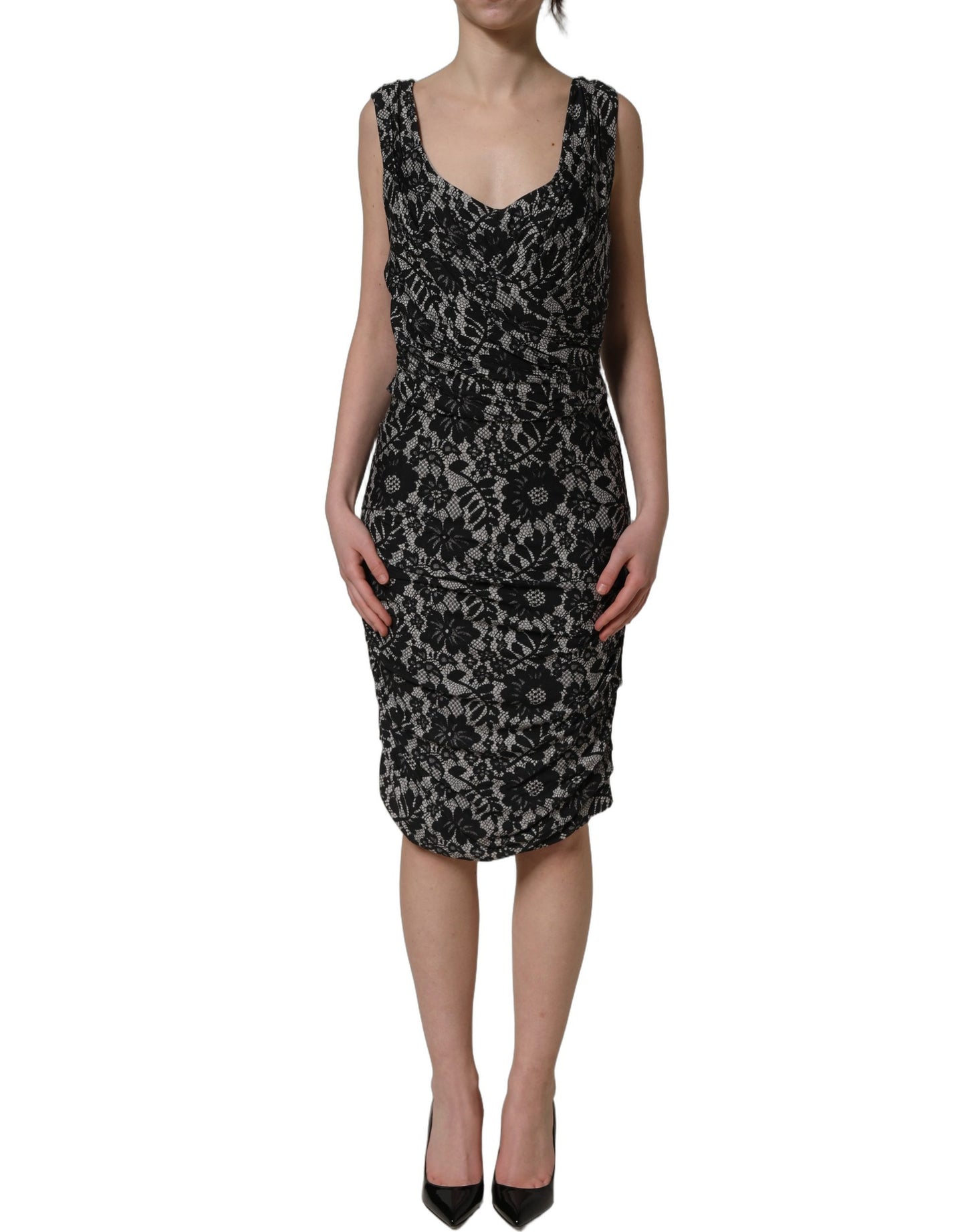 Dolce & Gabbana Black White Floral Lace Sleeveless Midi Dress