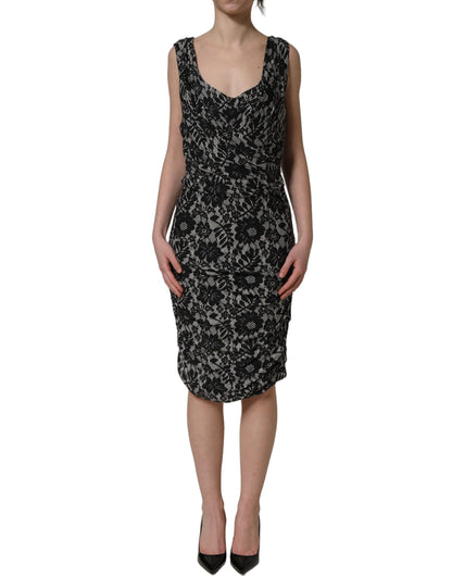 Dolce & Gabbana Black White Floral Lace Sleeveless Midi Dress
