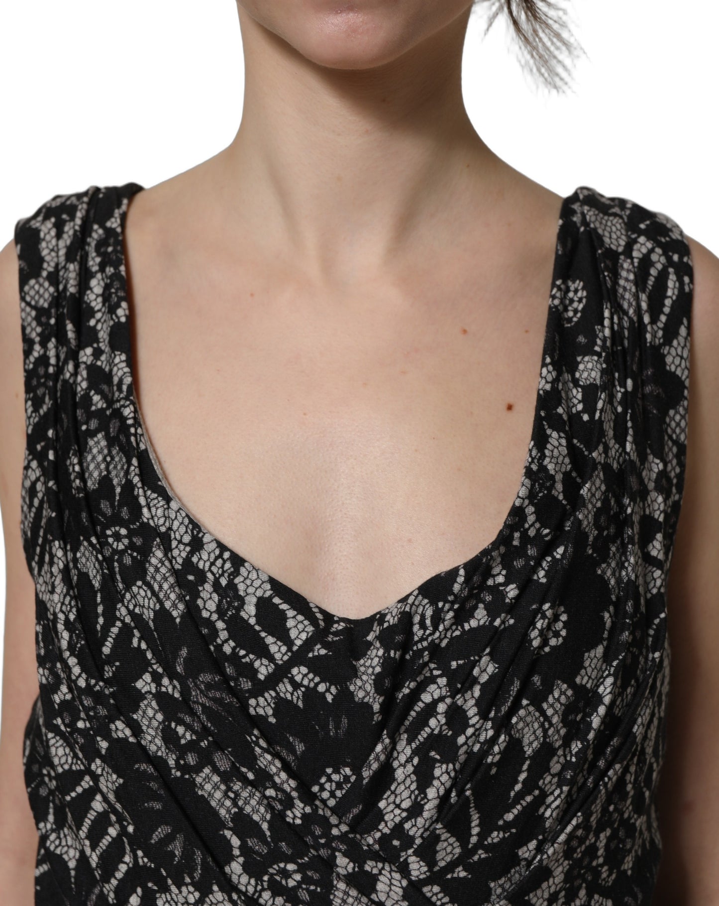 Dolce & Gabbana Black White Floral Lace Sleeveless Midi Dress