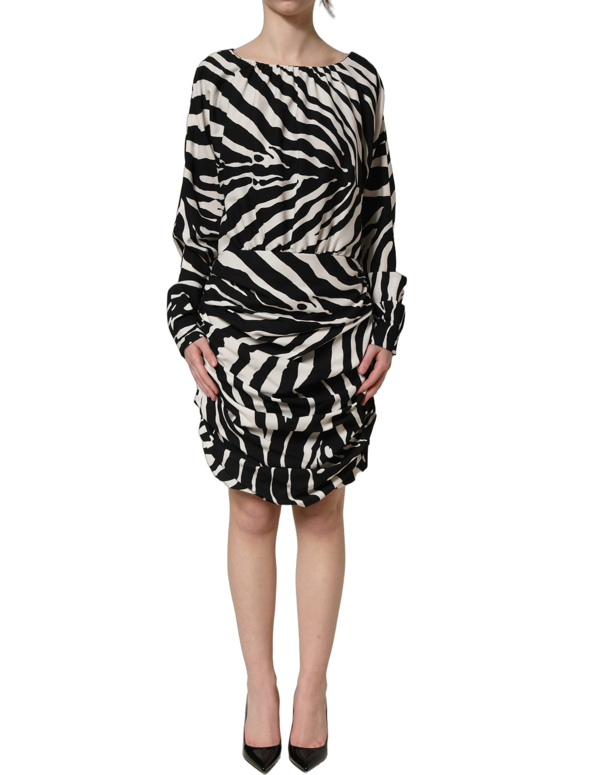 Dolce & Gabbana Women's Wrap Long-Sleeve Silk Short Mini Dress - Black White Zebra Print