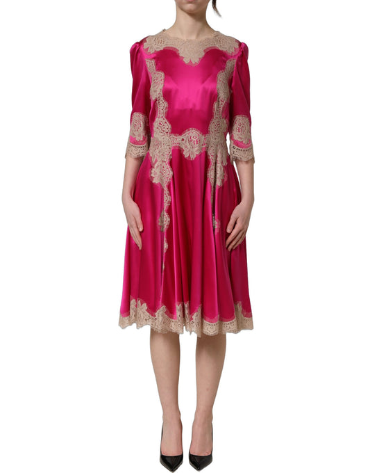 Dolce & Gabbana Women's A Line Wrap Short-Sleeve Elastane Lace & Silk Midi Mini Dress - Fuchsia Pink
