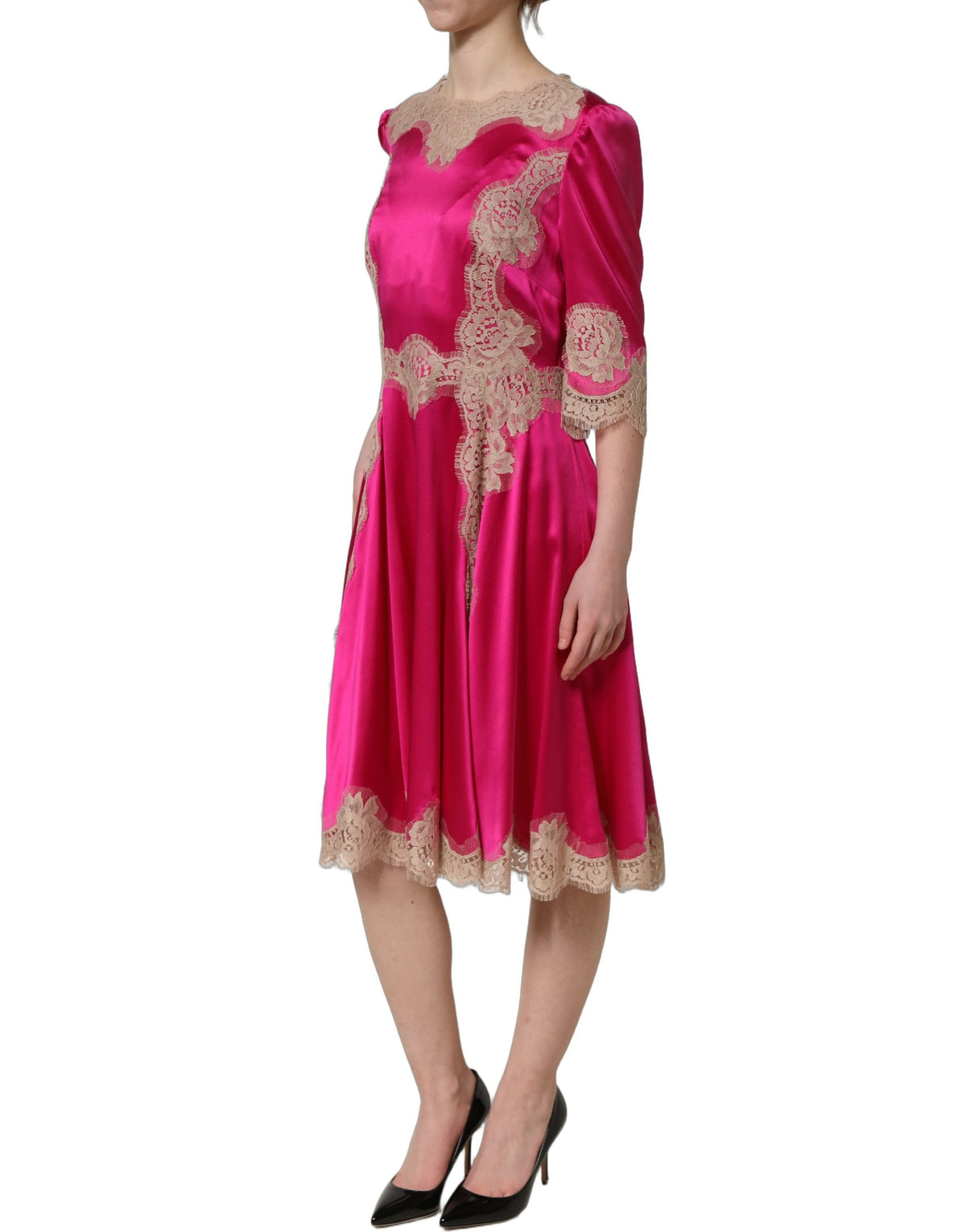 Dolce & Gabbana Women's A Line Wrap Short-Sleeve Elastane Lace & Silk Midi Mini Dress - Fuchsia Pink