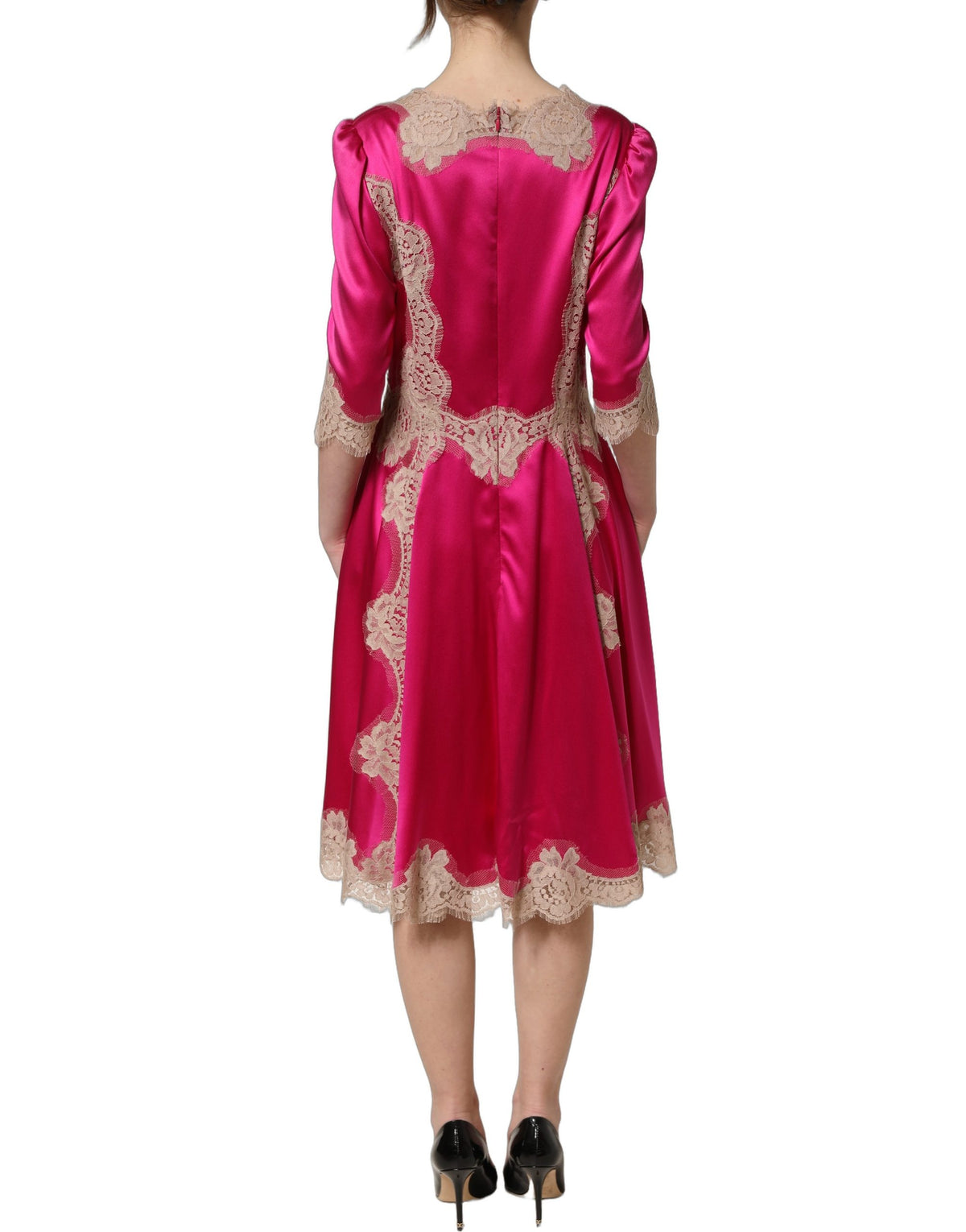 Dolce & Gabbana Women's A Line Wrap Short-Sleeve Elastane Lace & Silk Midi Mini Dress - Fuchsia Pink