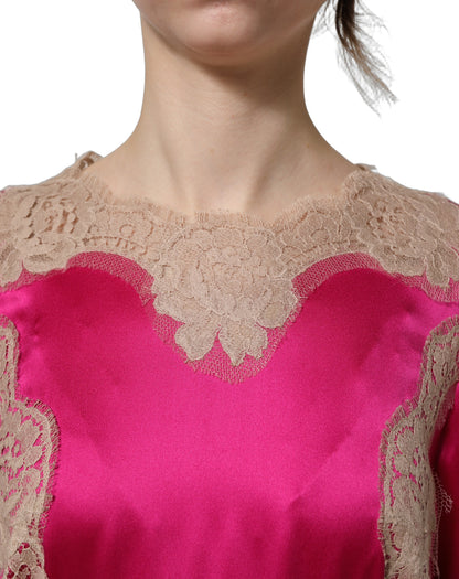 Dolce & Gabbana Women's A Line Wrap Short-Sleeve Elastane Lace & Silk Midi Mini Dress - Fuchsia Pink