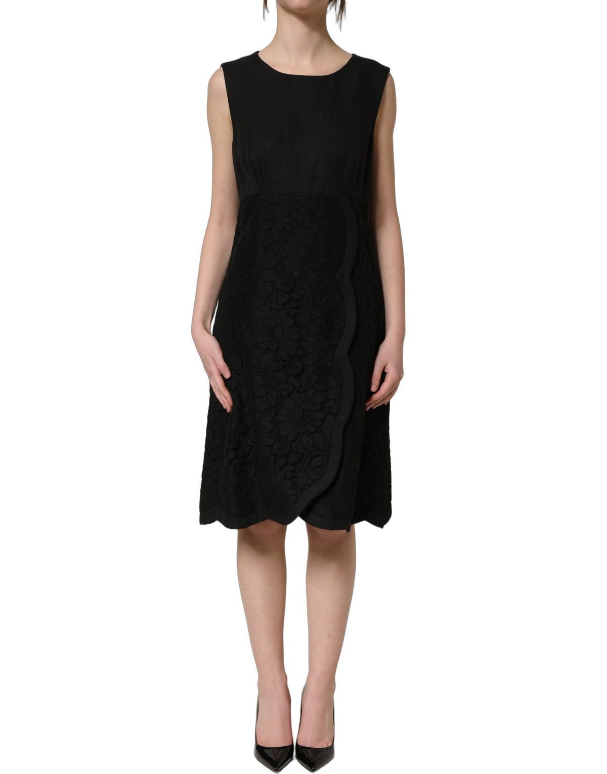 Dolce & Gabbana Women's Shift Wrap Sleeveless Cotton Flax Ramie & Lace Mini Dress - Black Floral