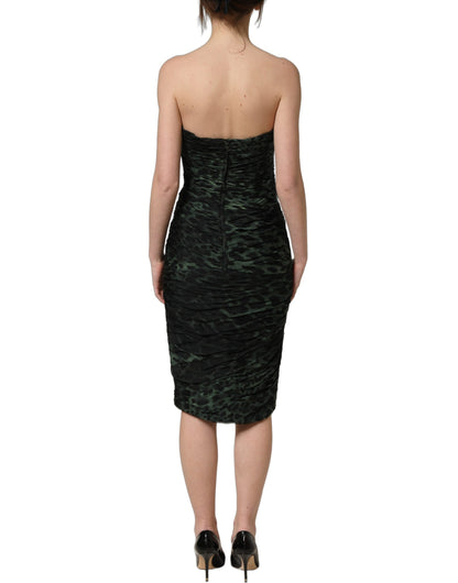 Dolce & Gabbana Green Leopard Print Bustier Draped Midi Dress