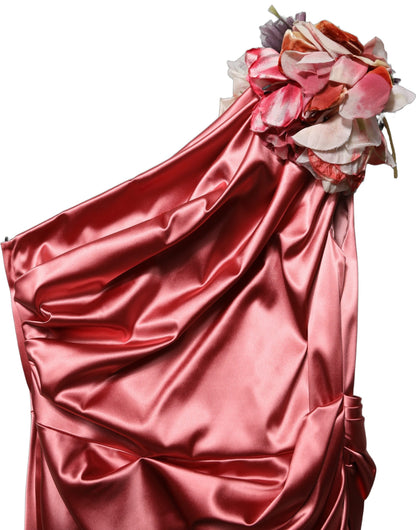 Dolce & Gabbana Pink Draped Midi Flower Appliques Dress