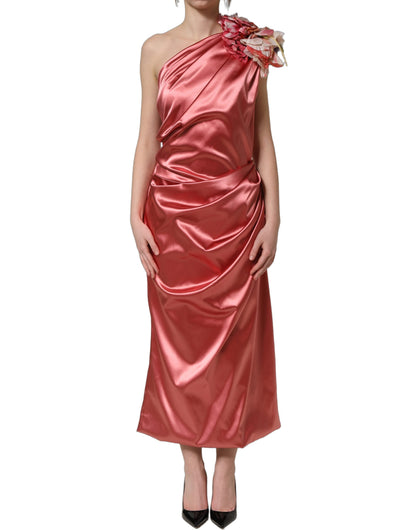 Dolce & Gabbana Women's One Shoulder Asymmetric Sleeveless Silk Nylon Acetate Satin Midi Knee Dress - Pink Floral
