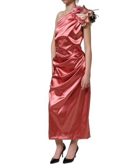 Dolce & Gabbana Women's One Shoulder Asymmetric Sleeveless Silk Nylon Acetate Satin Midi Knee Dress - Pink Floral