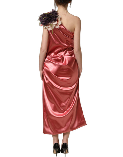 Dolce & Gabbana Women's One Shoulder Asymmetric Sleeveless Silk Nylon Acetate Satin Midi Knee Dress - Pink Floral