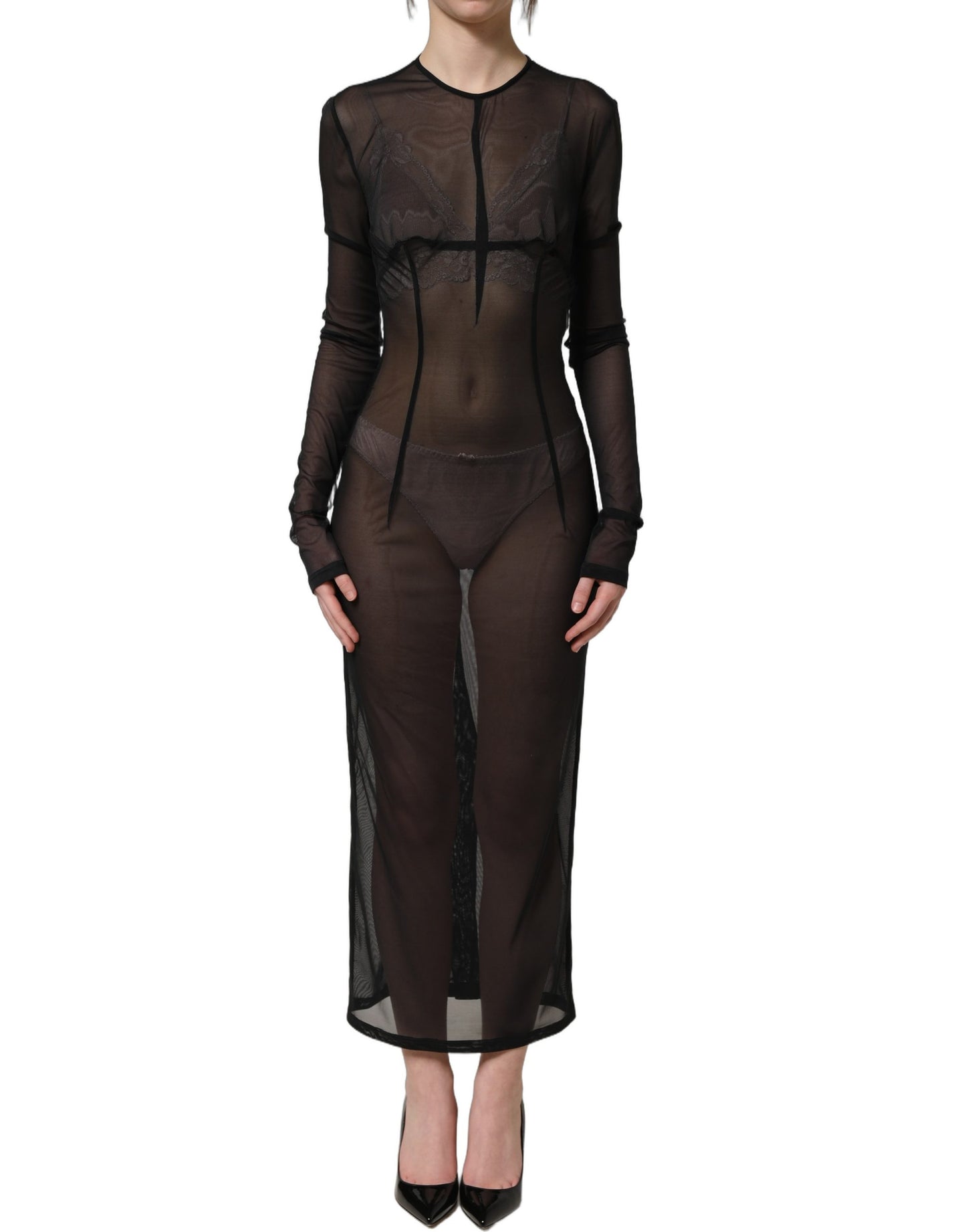 Dolce & Gabbana Black Long Sleeve Sheer Fitted Maxi Dress