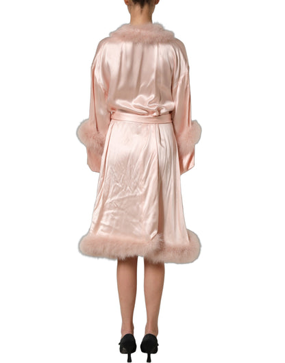Dolce & Gabbana Light Pink Silk Turkey Feather Wrap Midi Dress