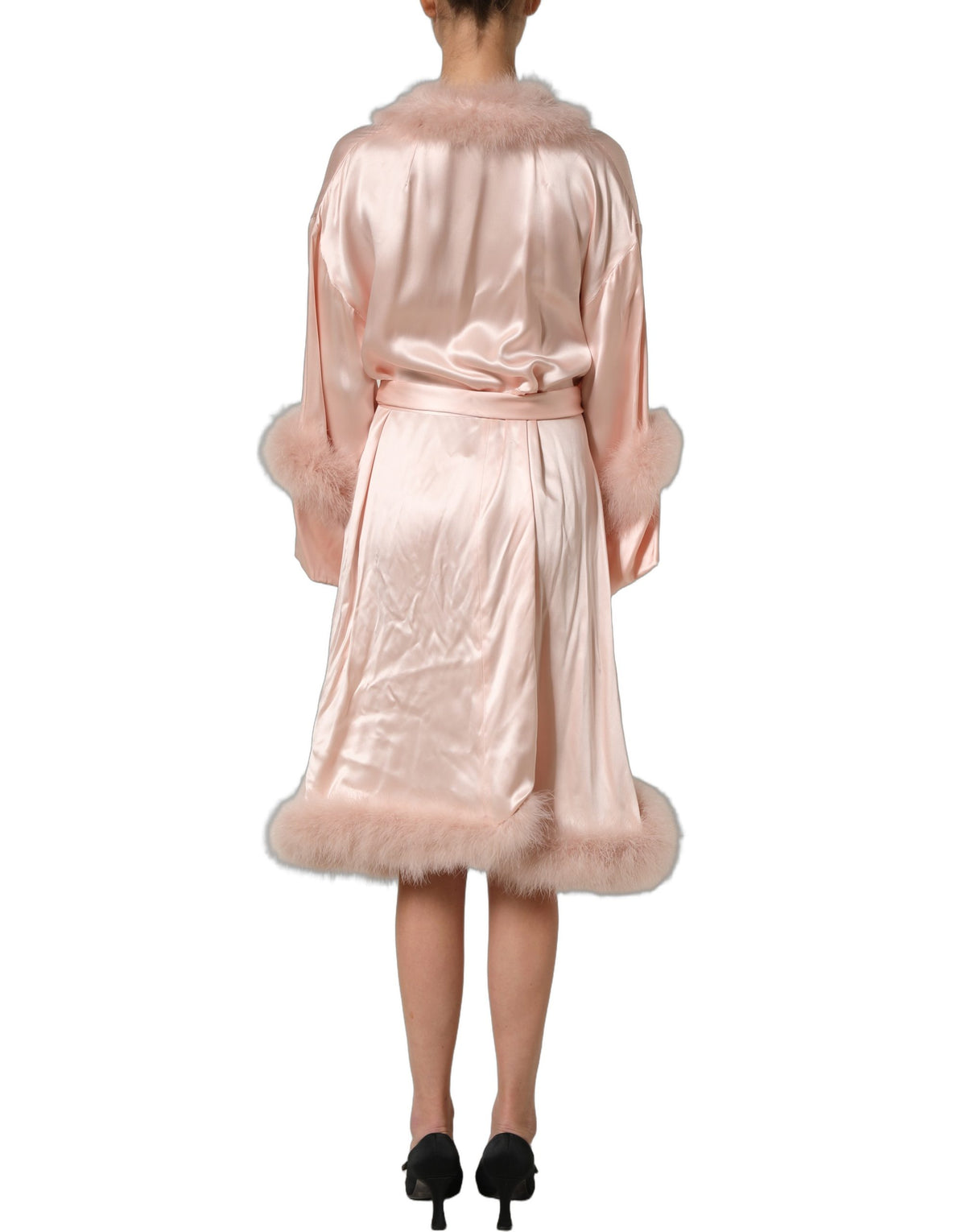 Dolce & Gabbana Ribbon Women's Wrap Long-Sleeve Silk Satin Marabou & Feathers Midi Dress - Pink