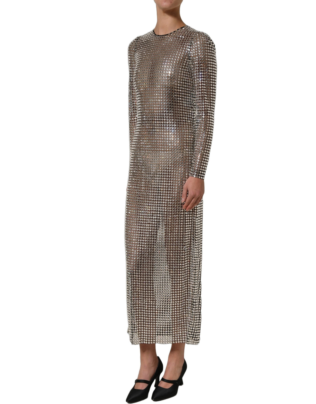 Dolce & Gabbana Women's Gown Wrap Cocktail Long-Sleeve Nylon & Crystal Mini Long Dress - Beige