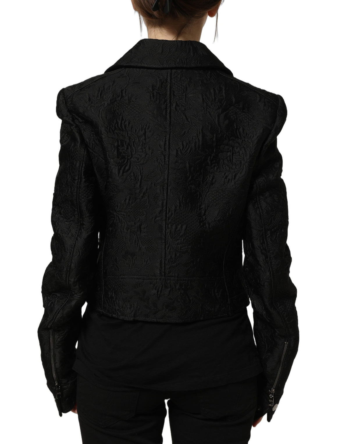Dolce & Gabbana Women's Double Breasted Blouson Biker Cotton Silk Polyester & Elastane Jacket - Black Floral