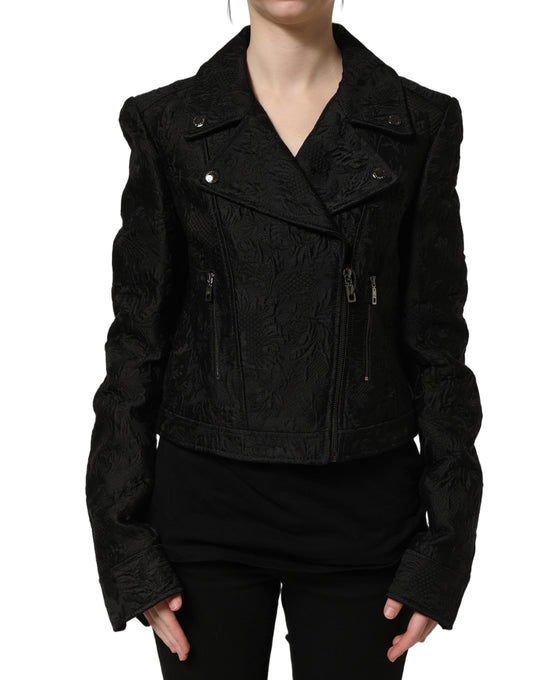 Dolce & Gabbana Women's Double Breasted Blouson Biker Cotton Silk Polyester & Elastane Jacket - Black Floral