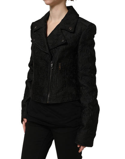 Dolce & Gabbana Women's Double Breasted Blouson Biker Cotton Silk Polyester & Elastane Jacket - Black Floral