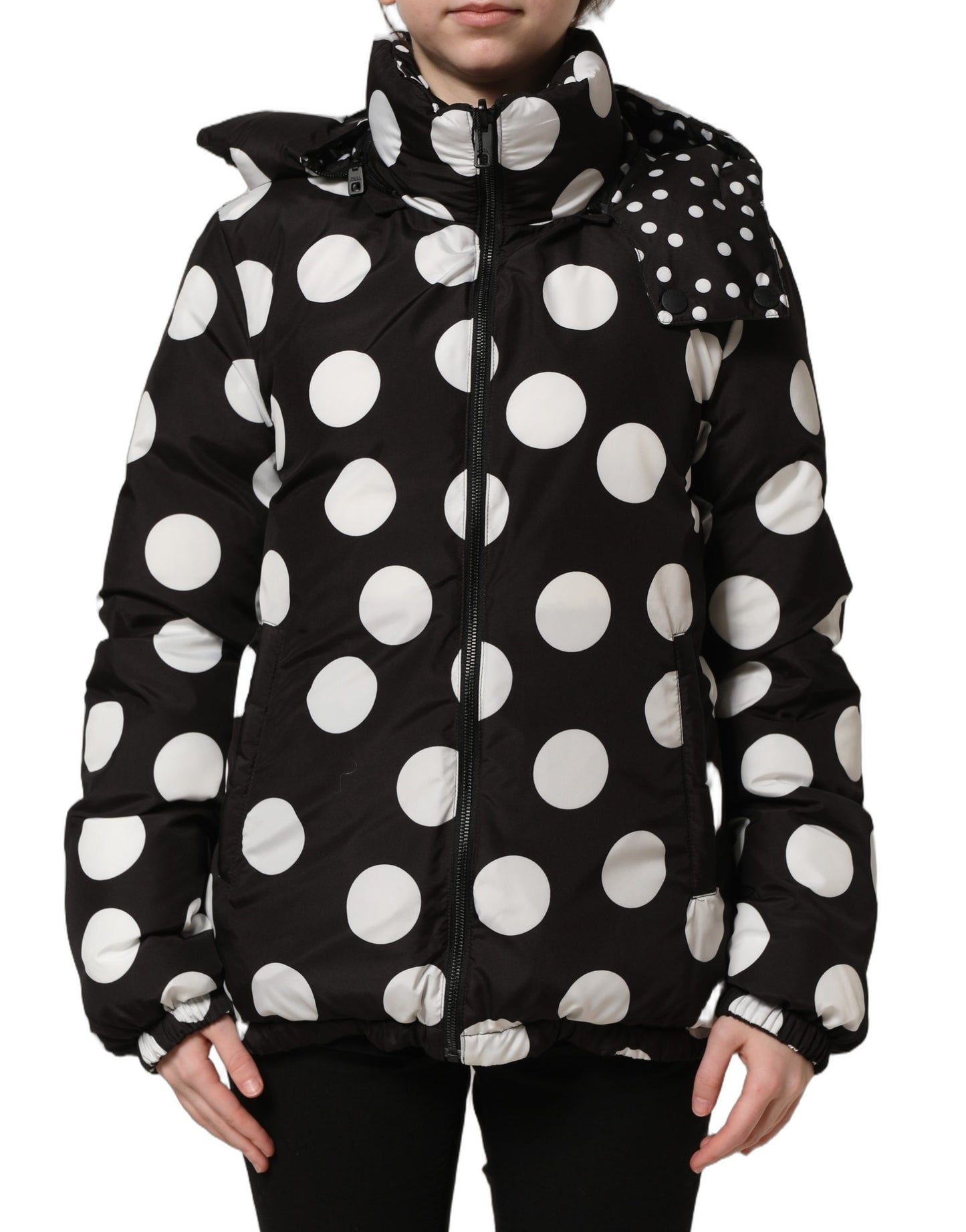 Dolce & Gabbana Black White Polka Dot Hooded Blouson Jacket