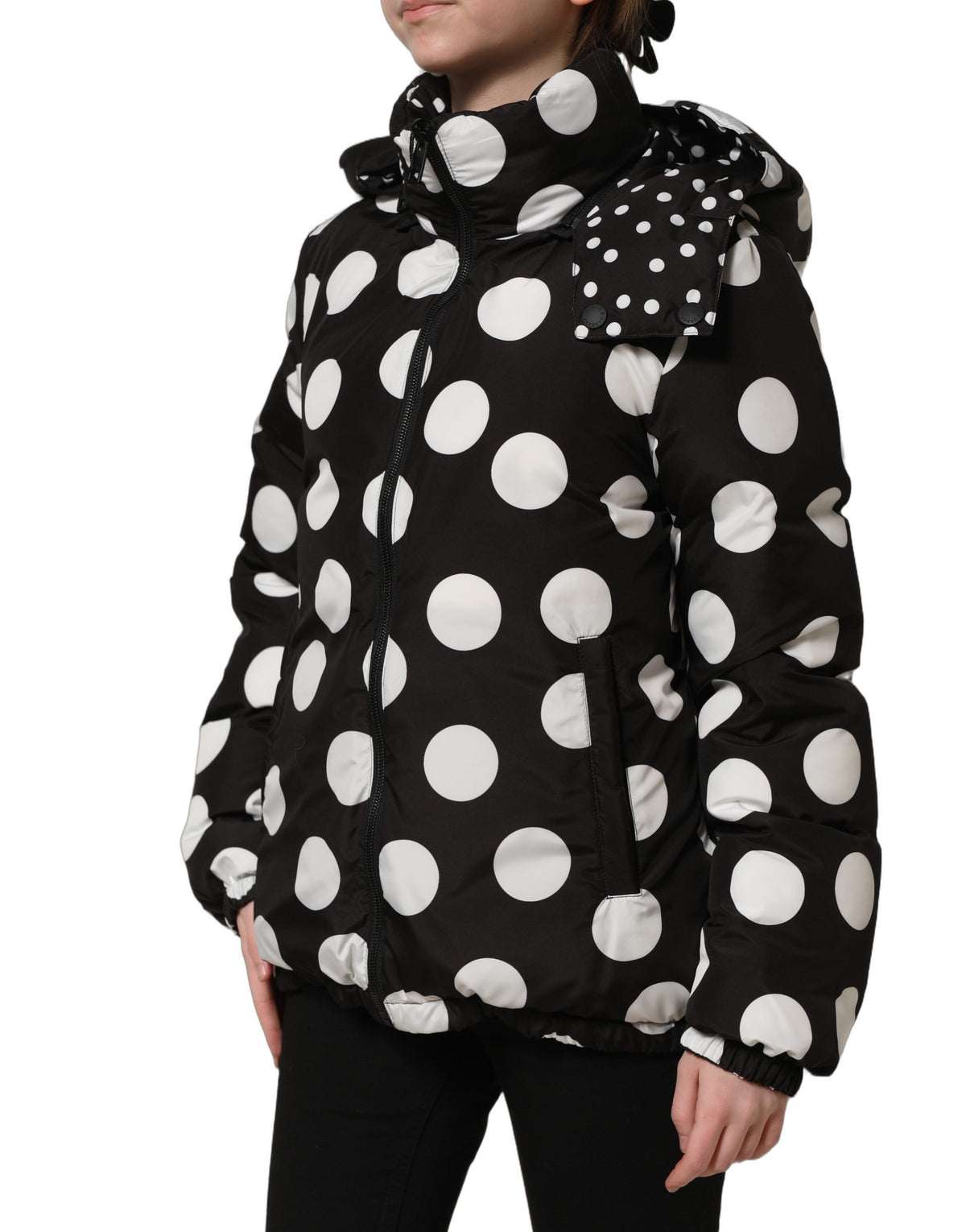 Dolce & Gabbana Women's Reversible Blouson Polyester Hooded Puffer Jacket - Black White