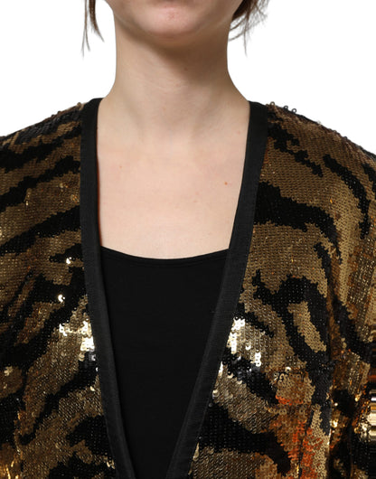 Dolce & Gabbana Women's Single Breasted Polyester Sequins & Silk Blazer - Black Gold Patterned Striped