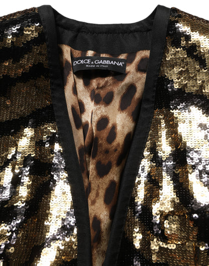 Dolce & Gabbana Women's Single Breasted Polyester Sequins & Silk Blazer - Black Gold Patterned Striped