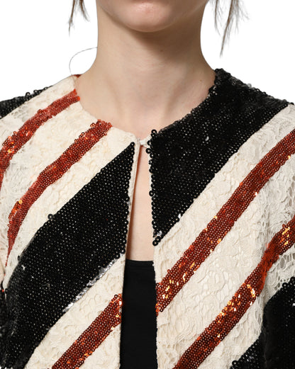 Dolce & Gabbana Women's Cotton Nylon Silk & Viscose Jacket - Black Multicolor Orange White Patterned Striped