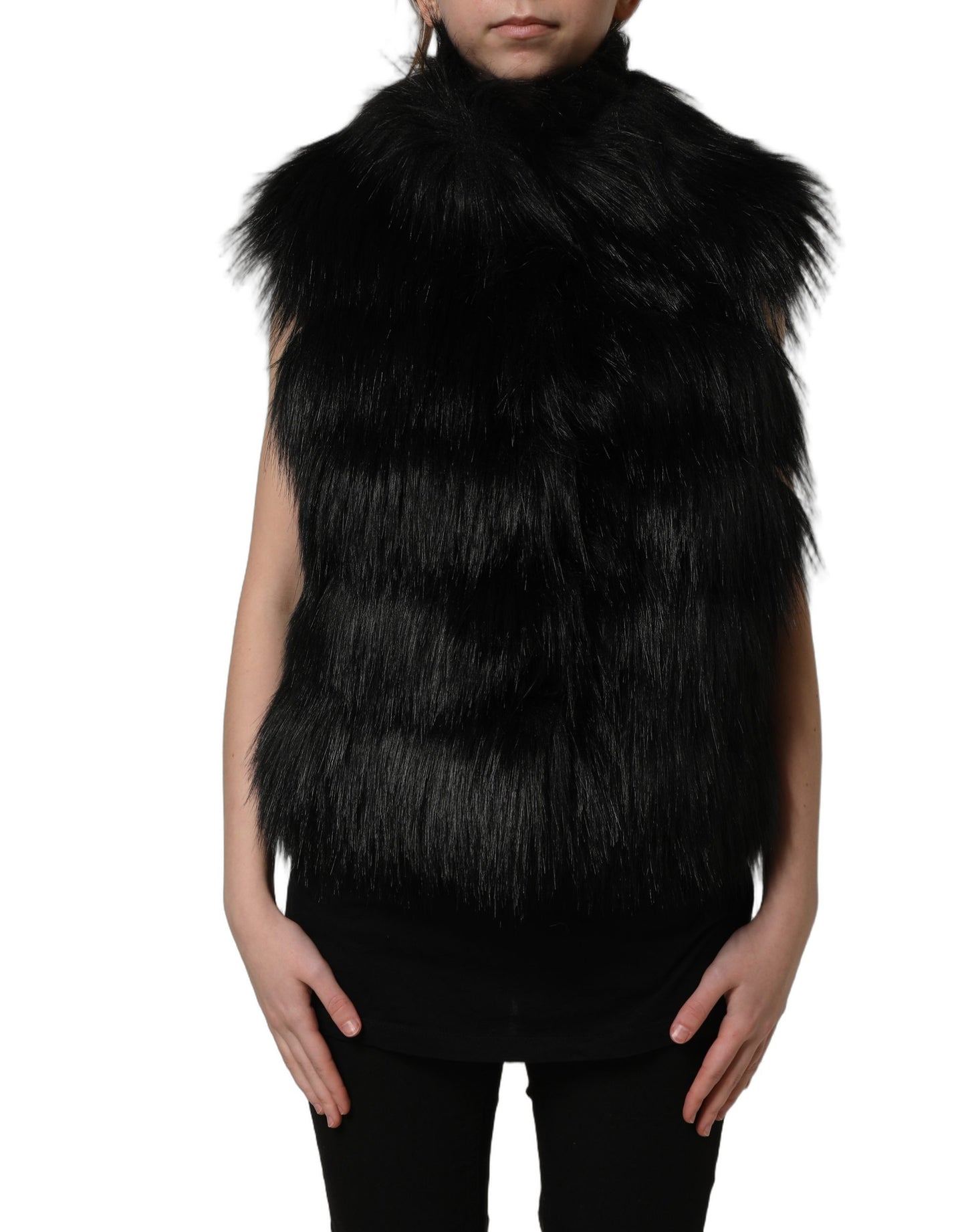 Dolce & Gabbana Black Acrylic Faux Fur Sleeveless Vest Jacket