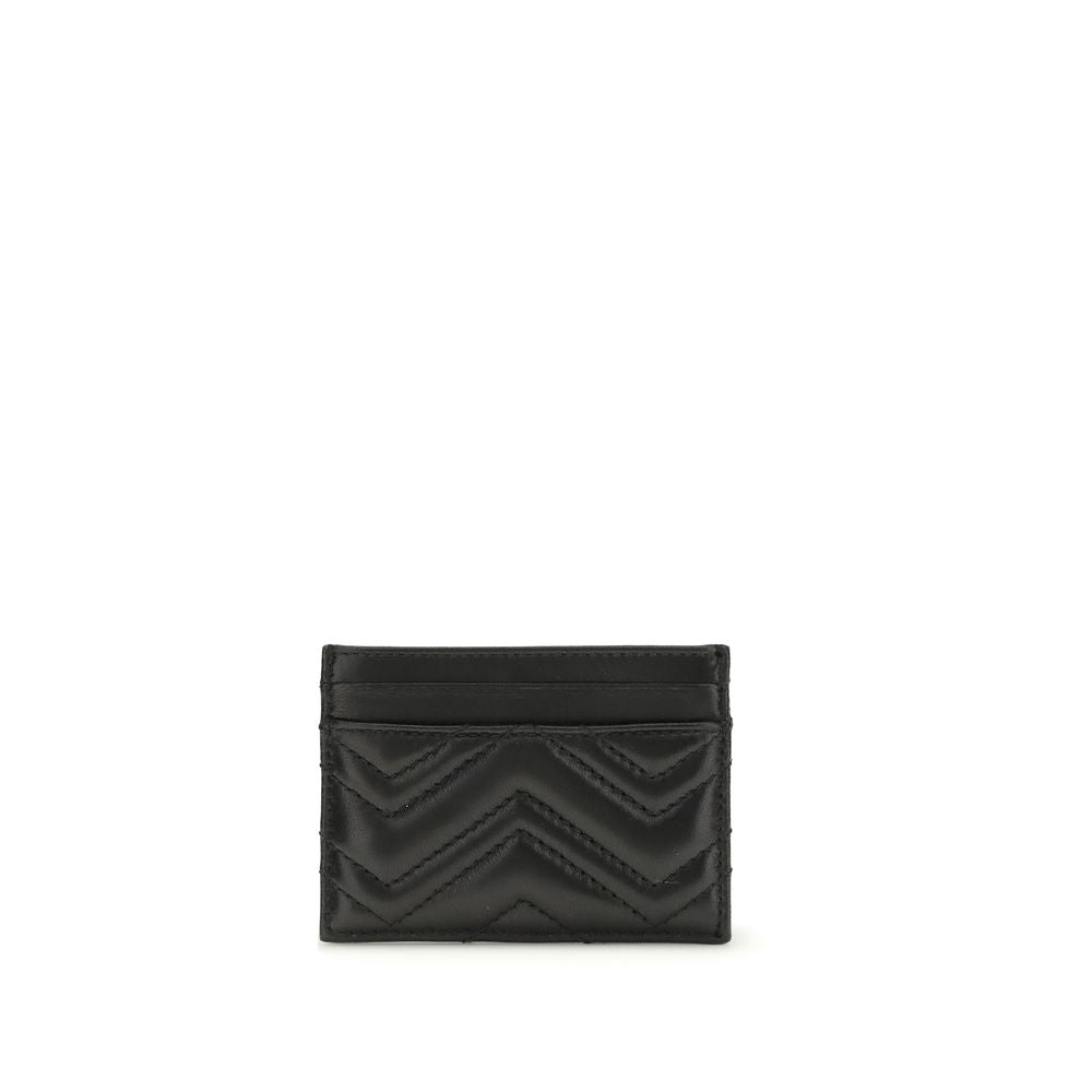 Cardholder Wallet by Gucci for women in leather black, chevron & signature presents a streamlined silhouette, showcasing the sophisticated design of the Gg Marmont Leather Cardholder Wallet collection with functional card-organization.