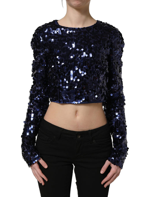 Dolce & Gabbana Women's Crop Top Cropped Long-Sleeve Round Neck Silk & Nylon Blouse - Blue