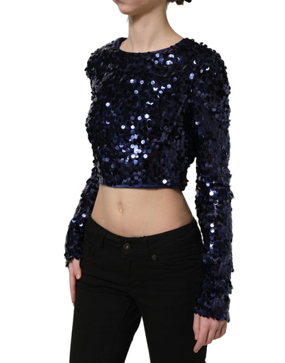 Dolce & Gabbana Blue Sequined Long Sleeves Crop Blouse Top