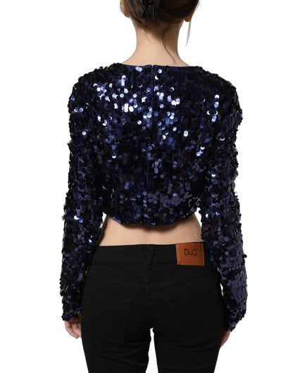 Dolce & Gabbana Women's Crop Top Cropped Long-Sleeve Round Neck Silk & Nylon Blouse - Blue