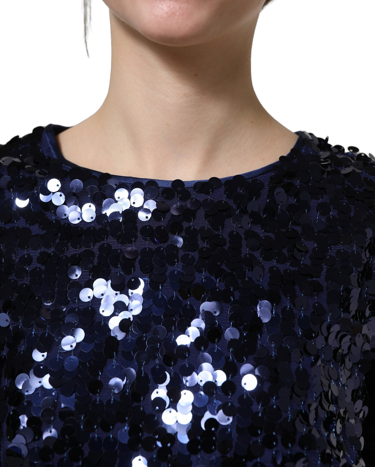 Dolce & Gabbana Women's Crop Top Cropped Long-Sleeve Round Neck Silk & Nylon Blouse - Blue