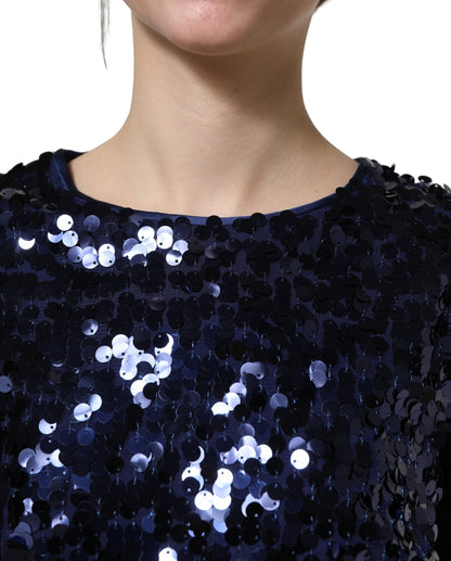 Dolce & Gabbana Women's Crop Top Cropped Long-Sleeve Round Neck Silk & Nylon Blouse - Blue