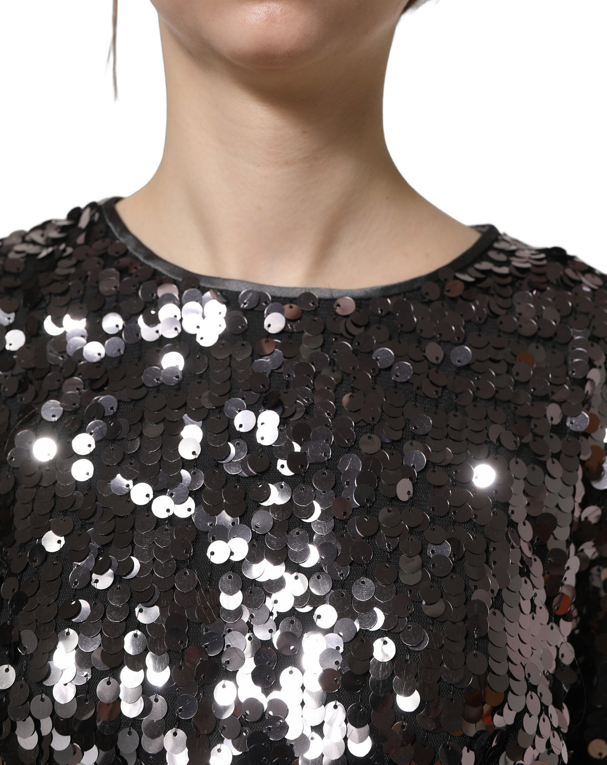 Dolce & Gabbana Women's Crop Top Cropped Long-Sleeve Round Neck Silk & Nylon Blouse - Black