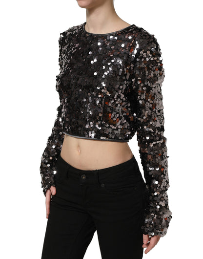Dolce & Gabbana Women's Crop Top Cropped Long-Sleeve Round Neck Silk & Nylon Blouse - Black