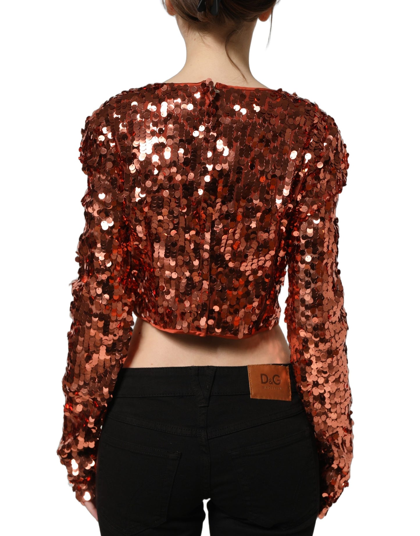 Dolce & Gabbana Red Sequined Long Sleeves Crop Blouse Top
