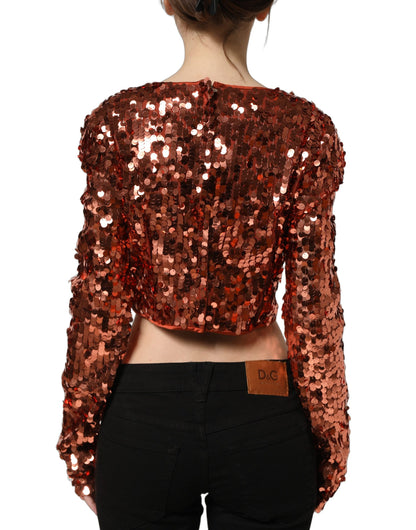 Dolce & Gabbana Women's Crop Top Cropped Long-Sleeve Round Neck Silk & Nylon Blouse - Red