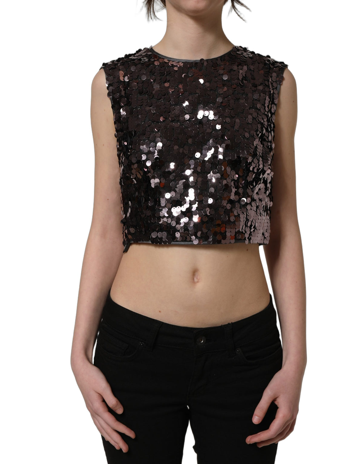 Dolce & Gabbana Women's Crop Top Cropped Round Neck Silk & Nylon Tank - Purple